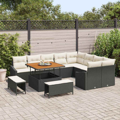 Set Divano da Giardino con cuscino 12 pcs Nero Poly Rattan