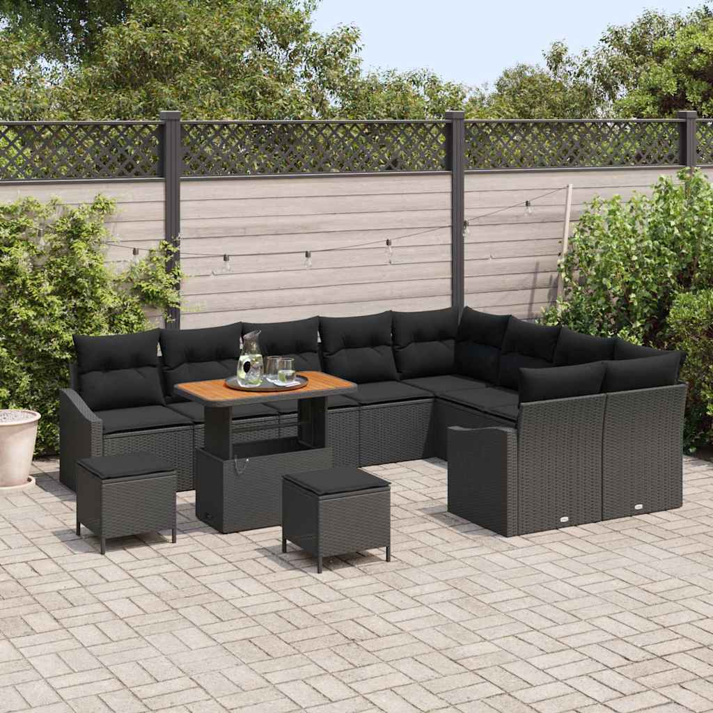 Set Divano da Giardino con cuscino 12 pcs Nero Poly Rattan