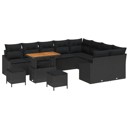 Set Divano da Giardino con cuscino 12 pcs Nero Poly Rattan
