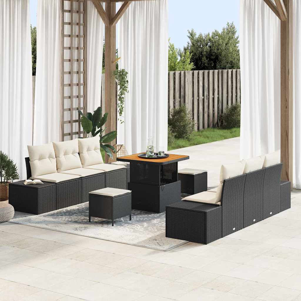 Set Divano da Giardino con cuscino 9 pcs Nero Poly Rattan