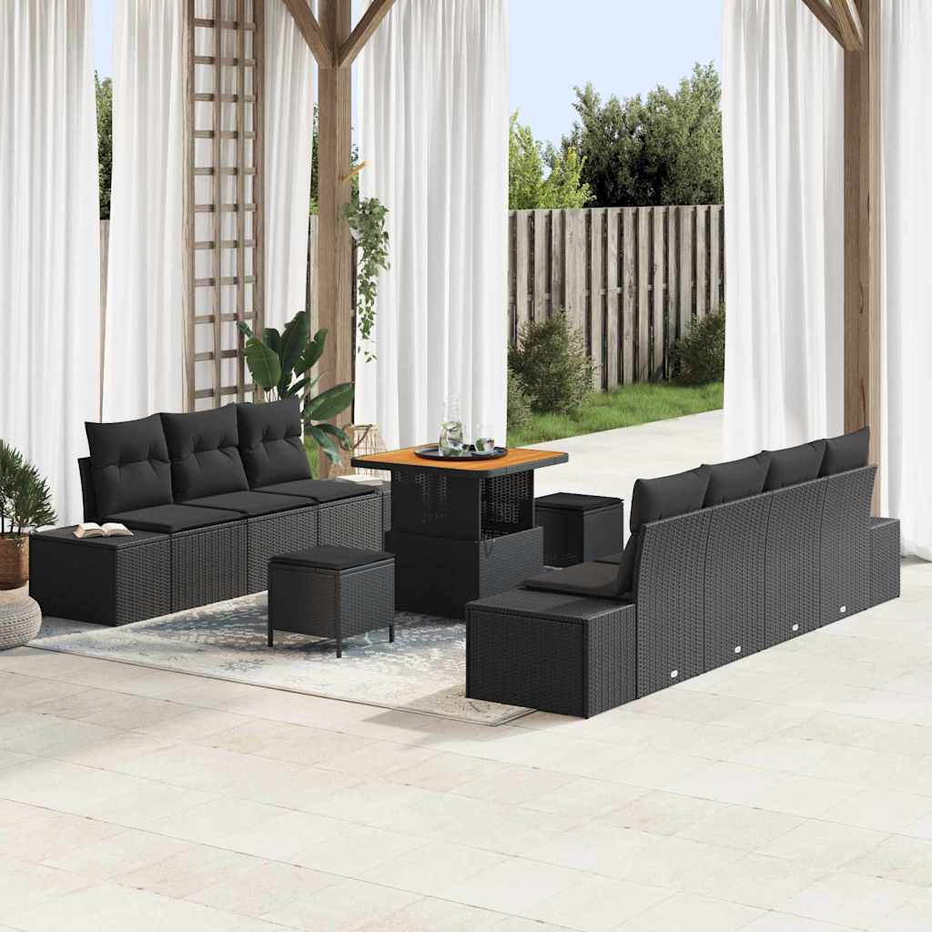 Set Divano da Giardino con cuscino 10 pcs Nero Poly Rattan