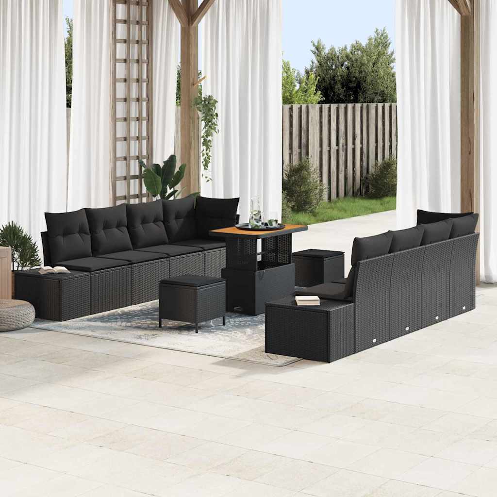 Set Divano da Giardino con cuscino 11 pcs Nero Poly Rattan
