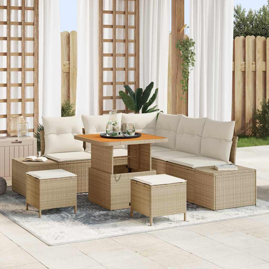 Set Divano da Giardino con cuscino 8 pcs Beige Poly Rattan