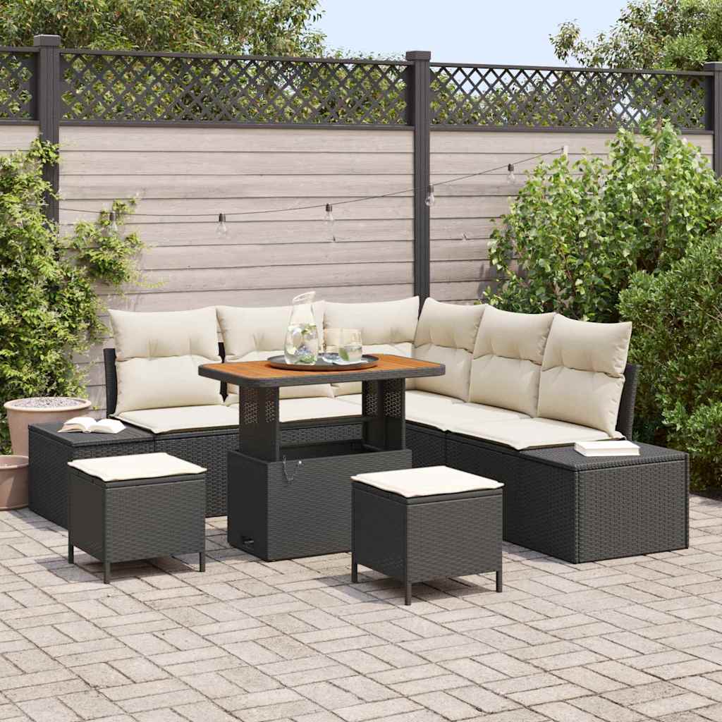 Set Divano da Giardino con cuscino 8 pcs Nero Poly Rattan