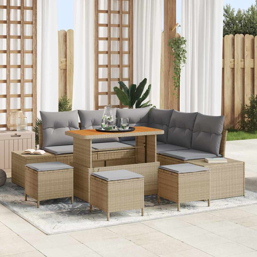 Set Divano da Giardino con cuscino 9 pcs Beige Poly Rattan