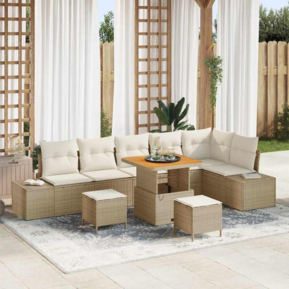 Set Divano da Giardino con cuscino 9 pcs Beige Poly Rattan