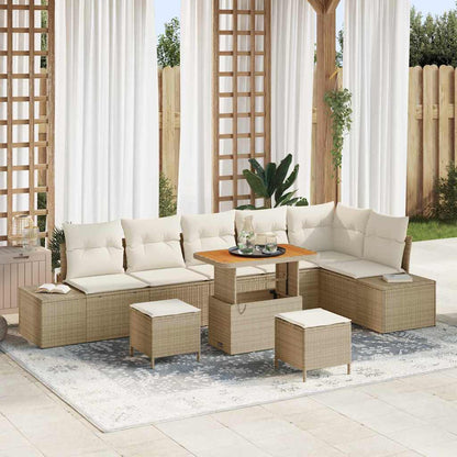 Set Divano da Giardino con cuscino 9 pcs Beige Poly Rattan