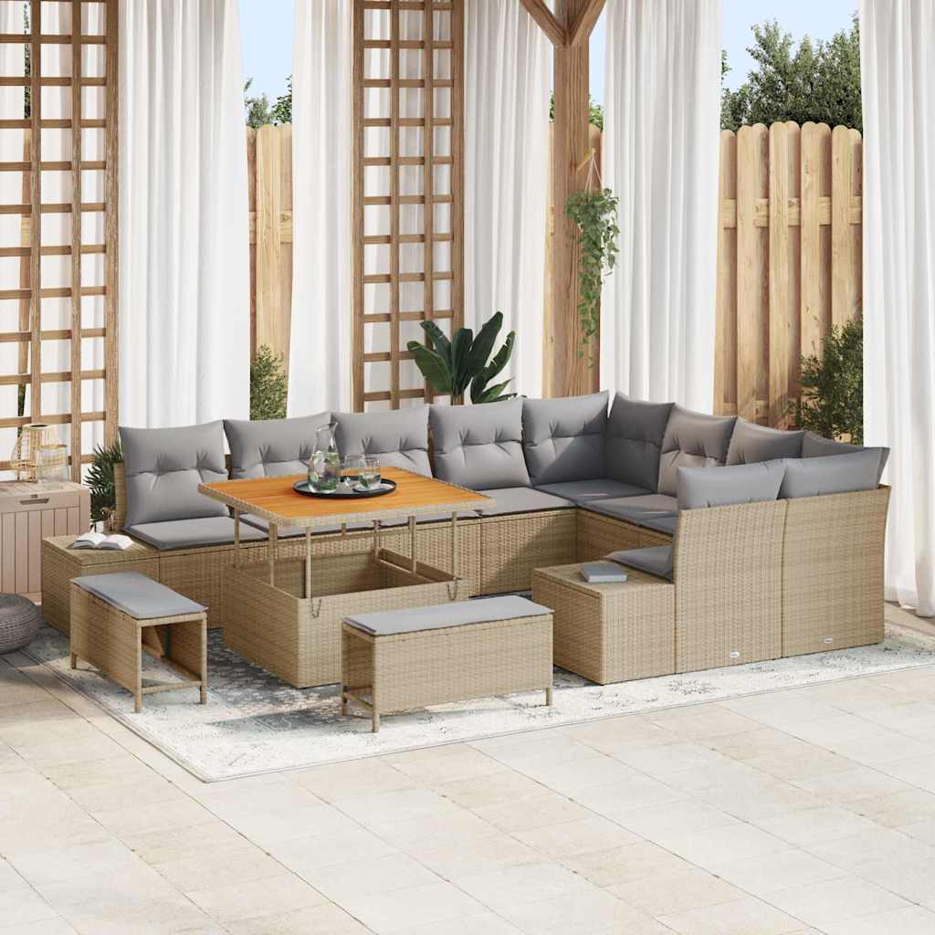 Set Divano da Giardino con cuscino 12 pcs Beige Poly Rattan