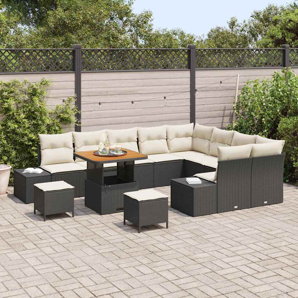Set Divano da Giardino con cuscino 12 pcs Nero Poly Rattan