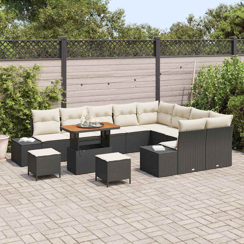 Set Divano da Giardino con cuscino 12 pcs Nero Poly Rattan