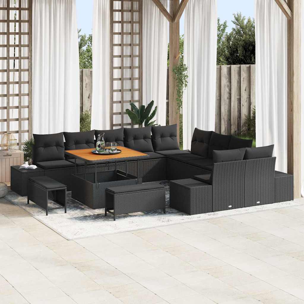 Set Divano da Giardino con cuscino 13 pcs Nero Poly Rattan