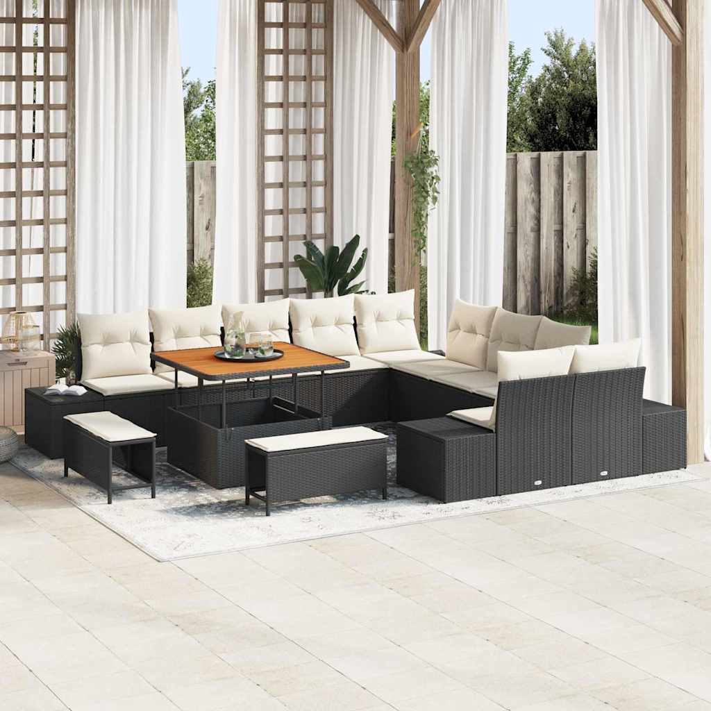 Set Divano da Giardino con cuscino 13 pcs Nero Poly Rattan