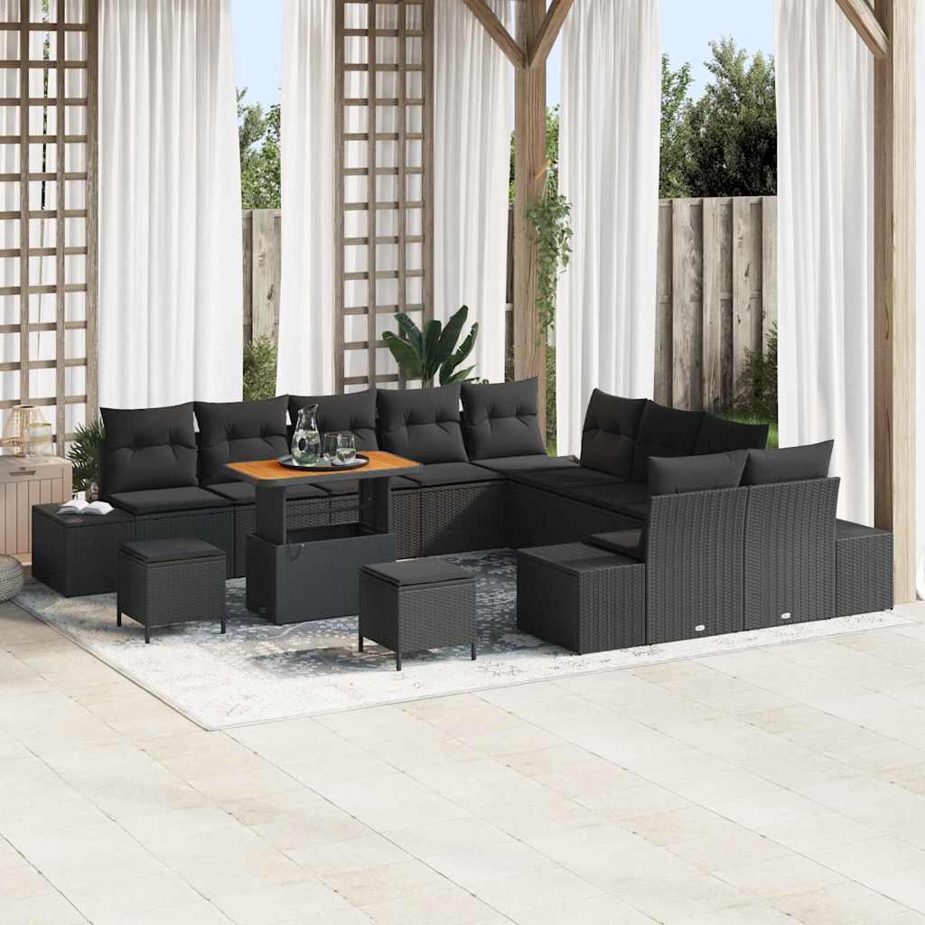 Set Divano da Giardino con cuscino 13 pcs Nero Poly Rattan