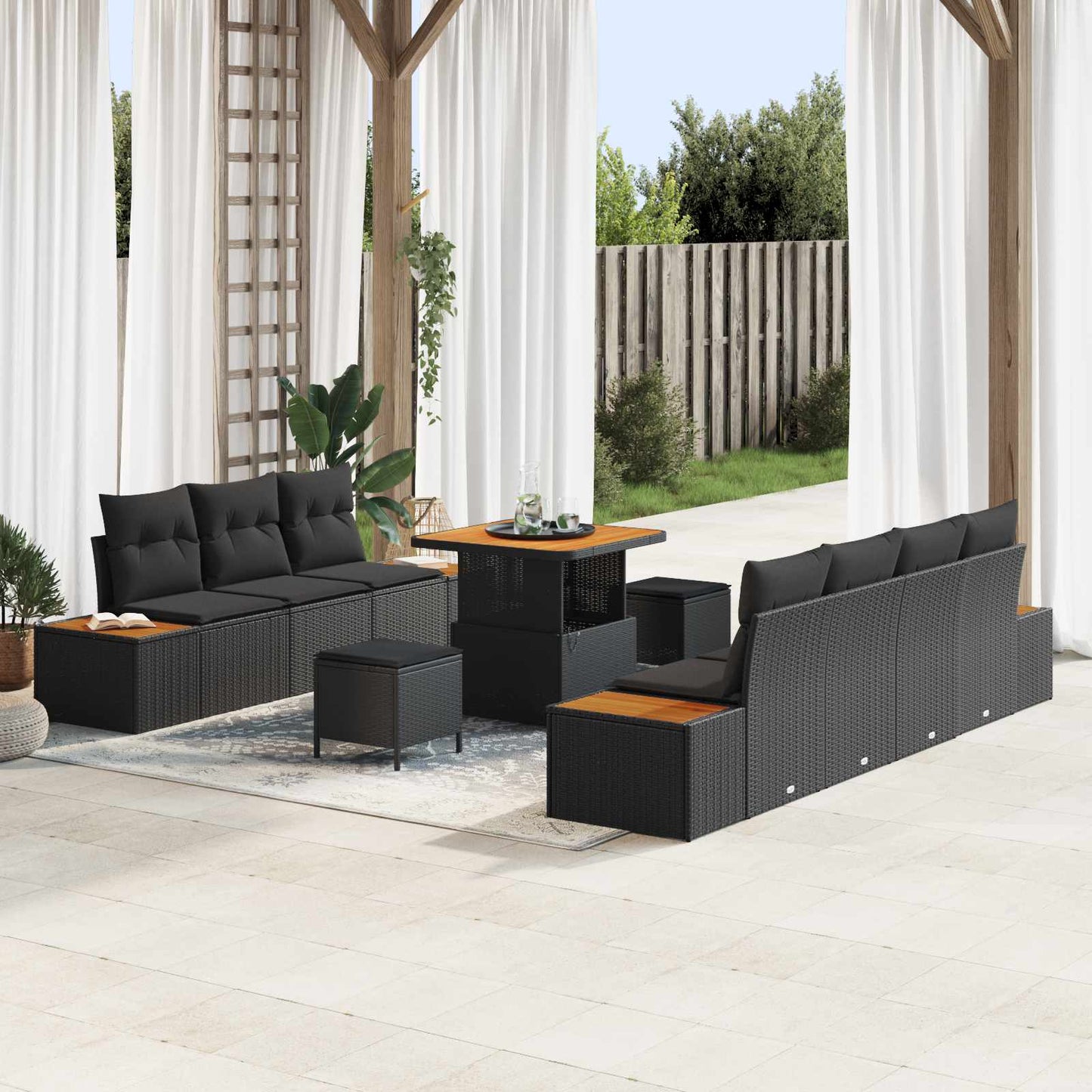Set Divano da Giardino con cuscino 10 pcs Nero Poly Rattan