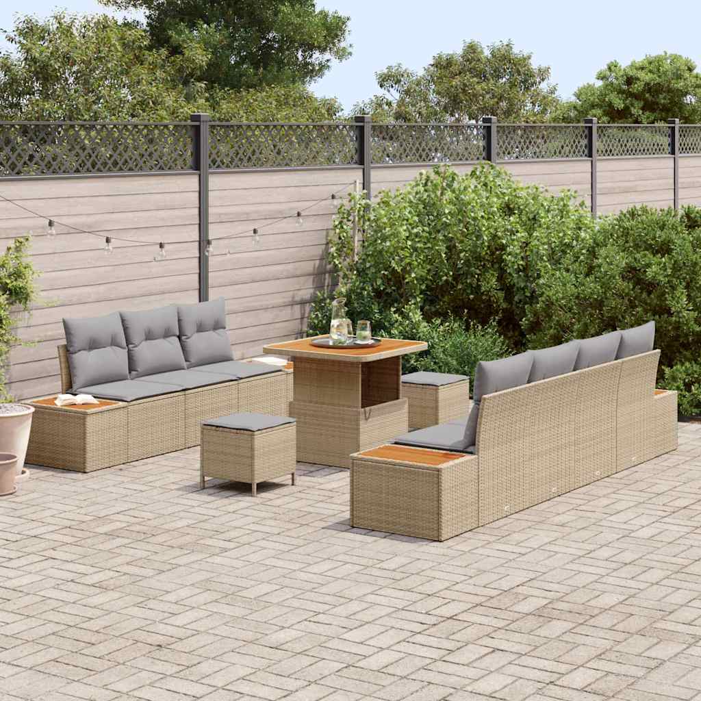 Set Divano da Giardino con cuscino 10 pcs Beige Poly Rattan