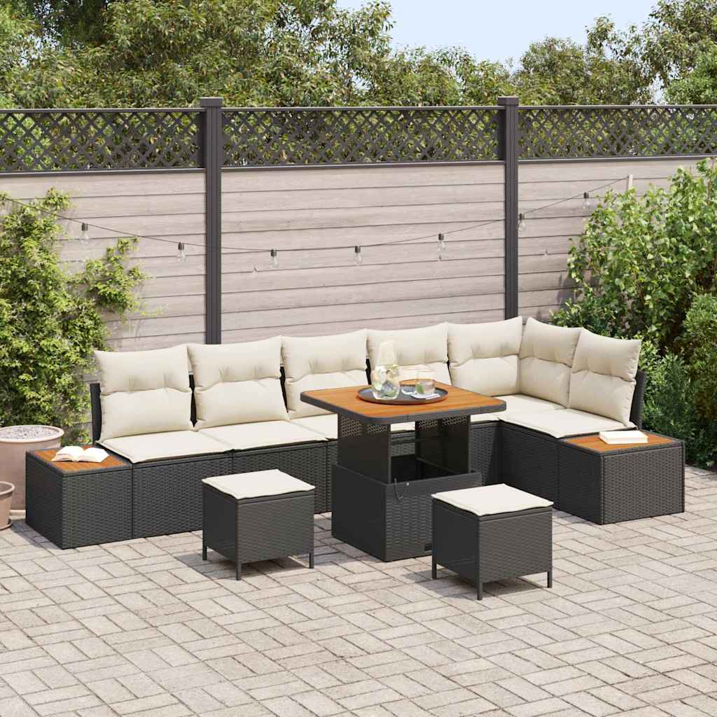 Set Divano da Giardino con cuscino 9 pcs Nero Poly Rattan