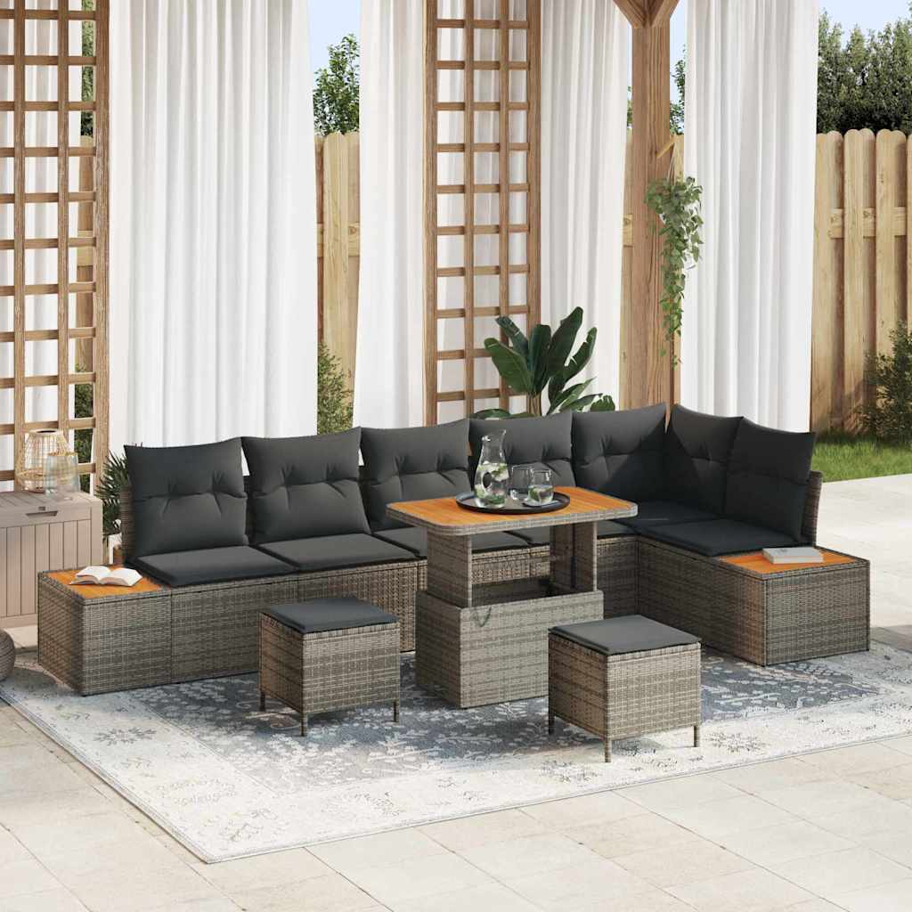 Set Divano da Giardino con cuscino 9 pcs Grigio Poly Rattan