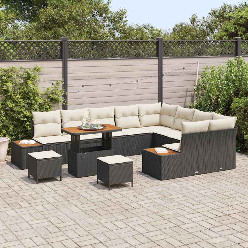 Set Divano da Giardino con cuscino 12 pcs Nero Poly Rattan