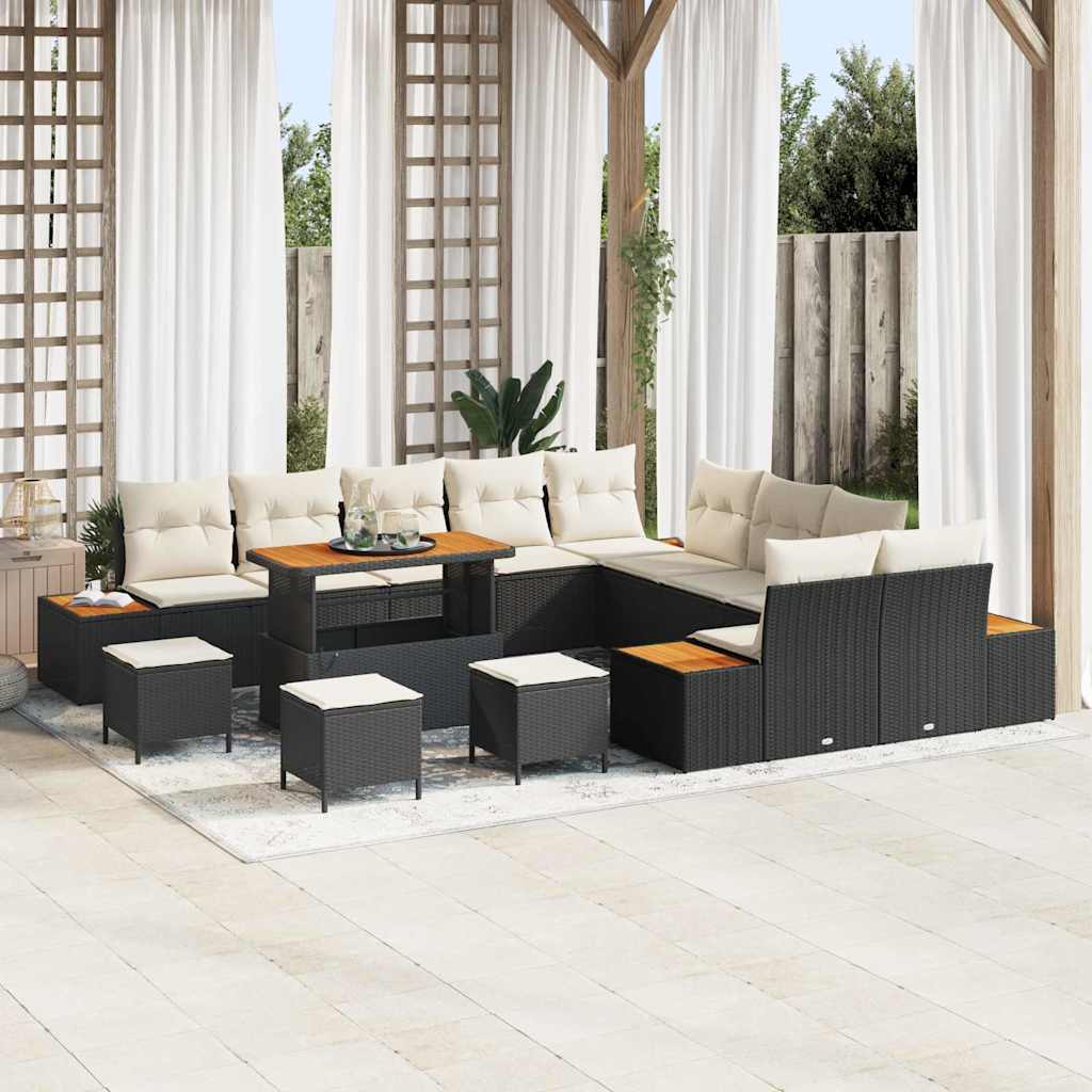 Set Divano da Giardino con cuscino 14 pcs Nero Poly Rattan