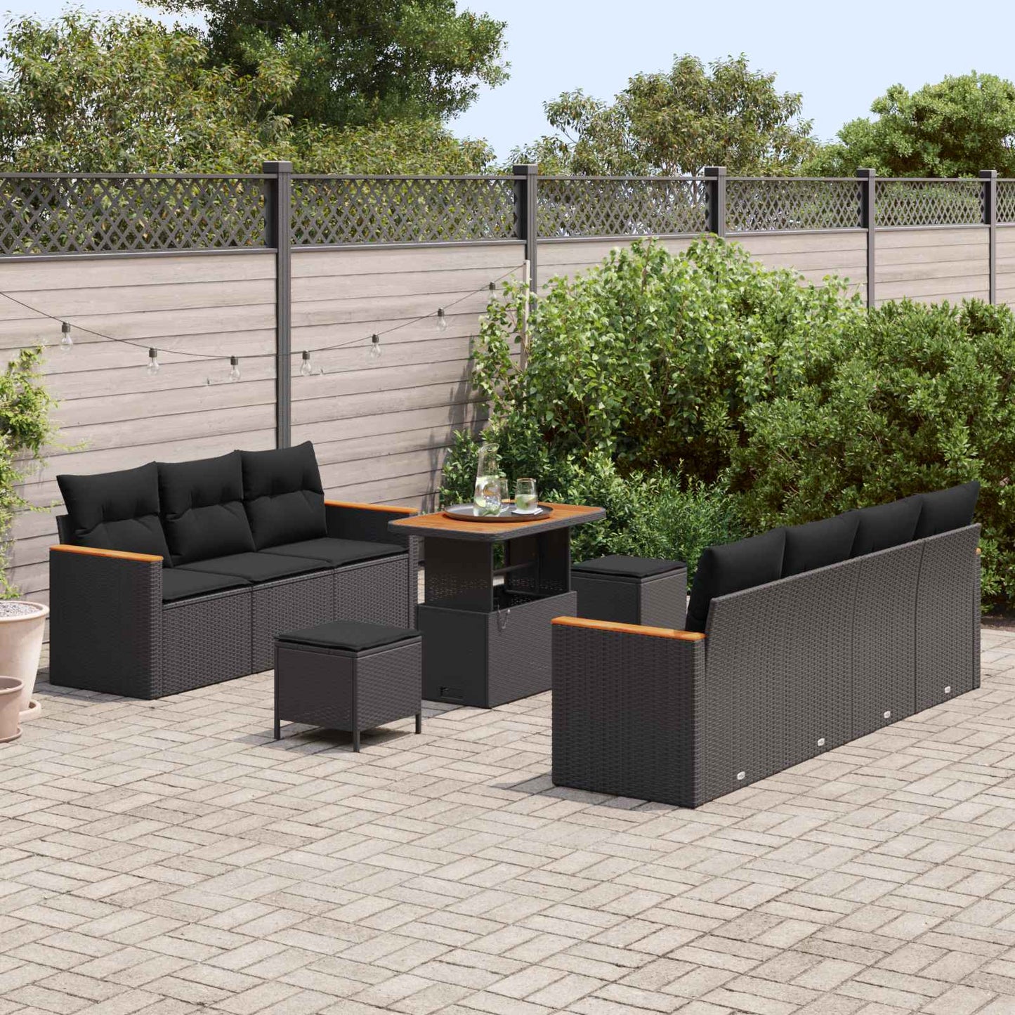 Set Divano da Giardino con cuscino 14 pcs Nero polyrattan