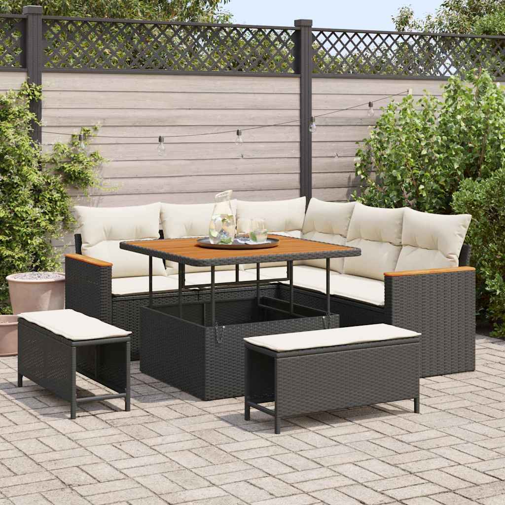 Set Divano da Giardino con cuscino 8 pcs Nero Poly Rattan