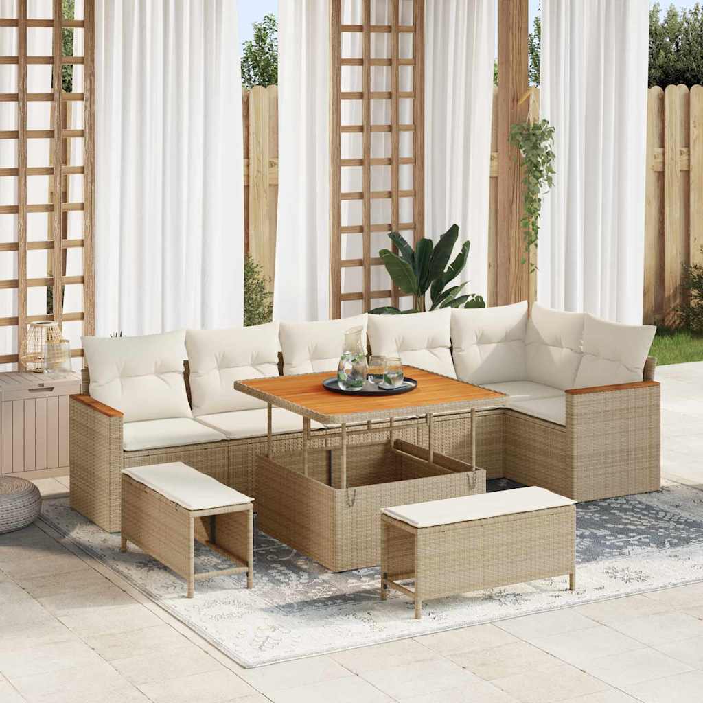 Set Divano da Giardino con cuscino 9 pcs Beige Poly Rattan