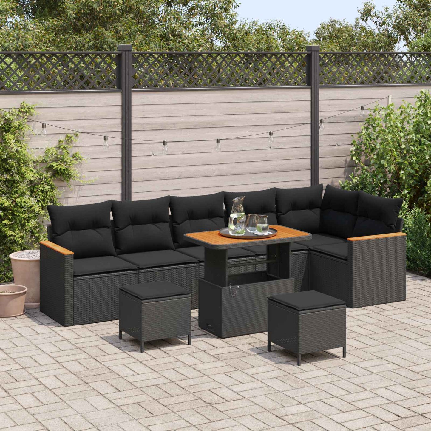 Set Divano da Giardino con cuscino Nero Poly Rattan