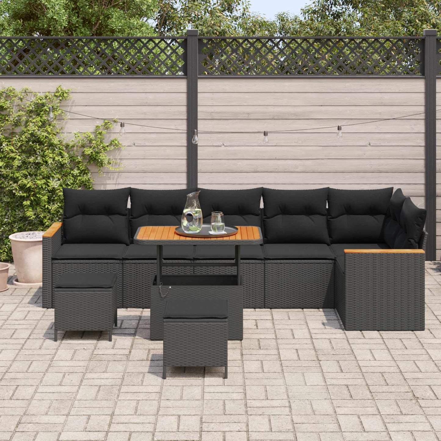 Set Divano da Giardino con cuscino Nero Poly Rattan
