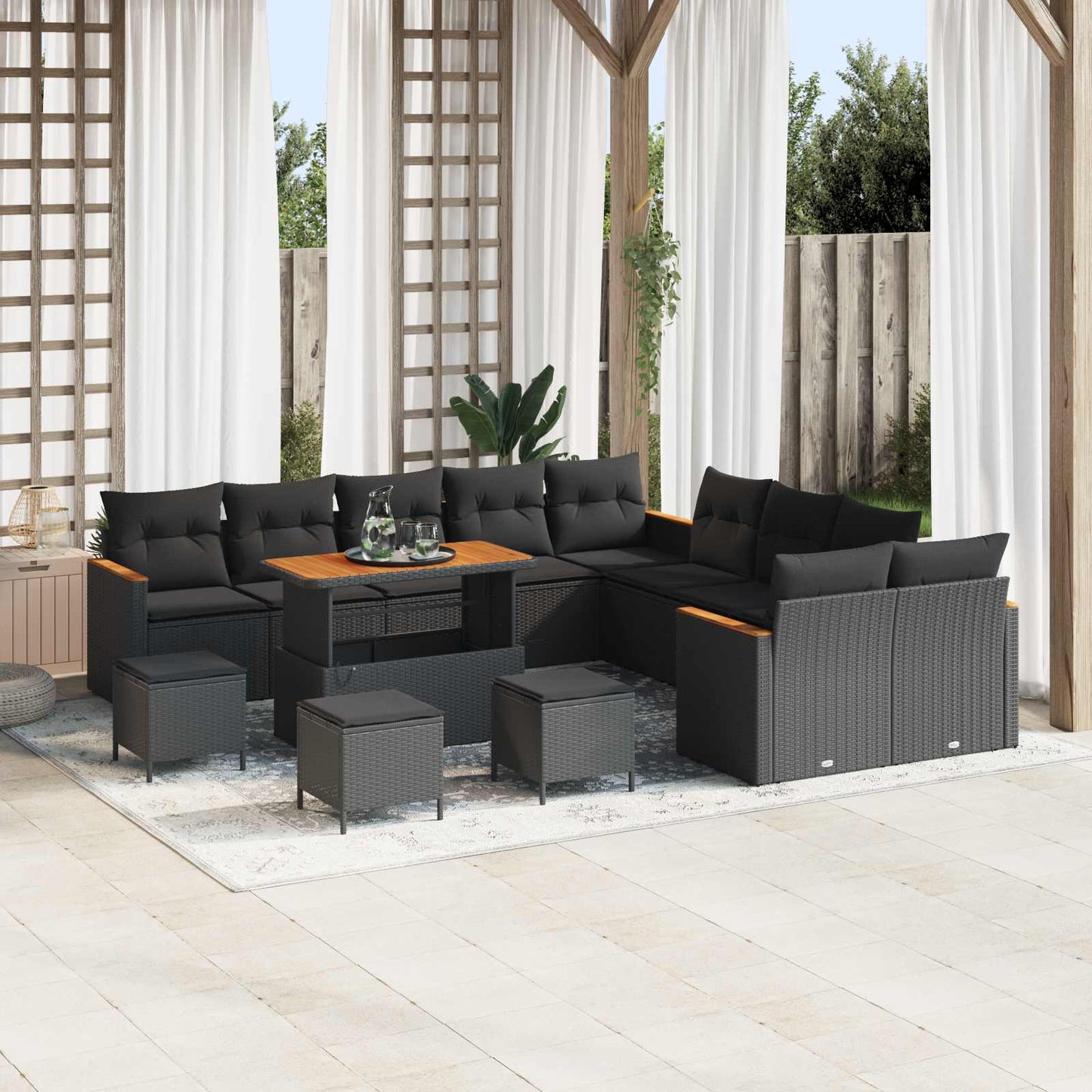 Set Divano da Giardino con cuscino 14 pcs Nero polyrattan