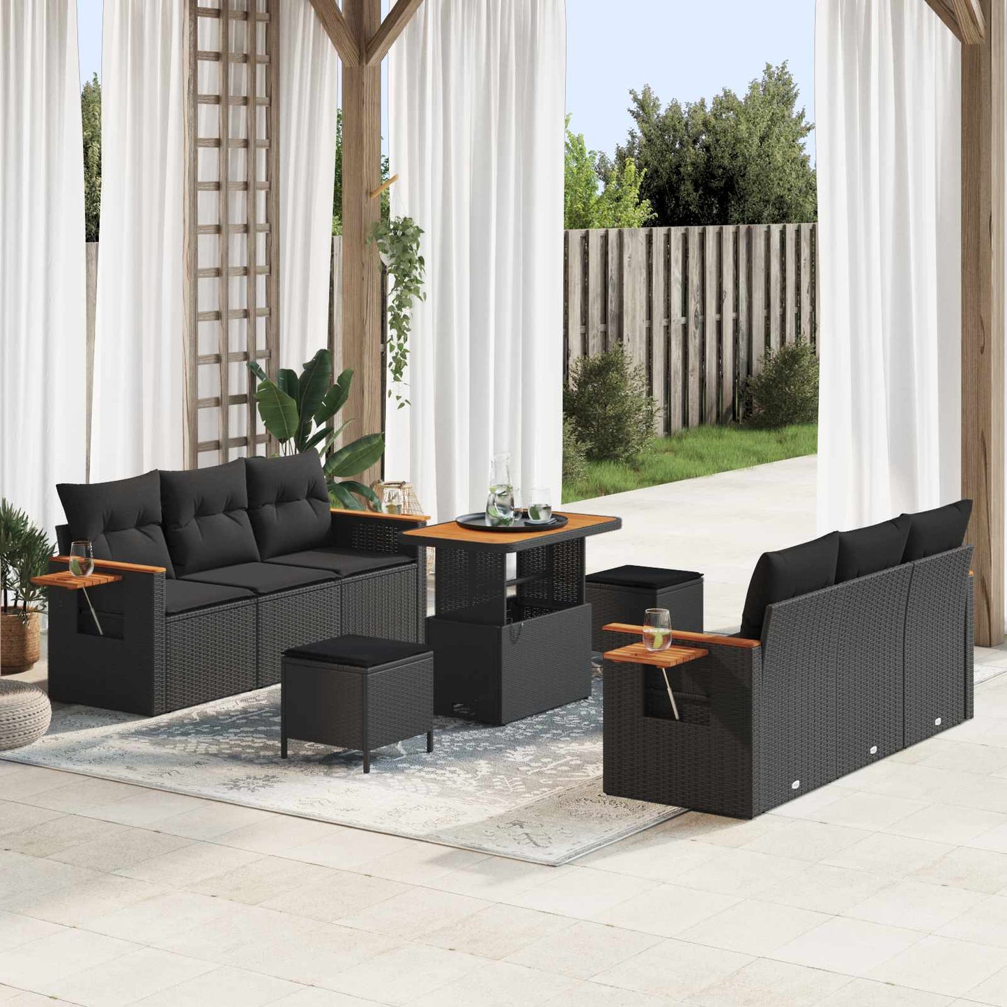 Set Divano da Giardino con cuscino 11 pcs Nero polyrattan