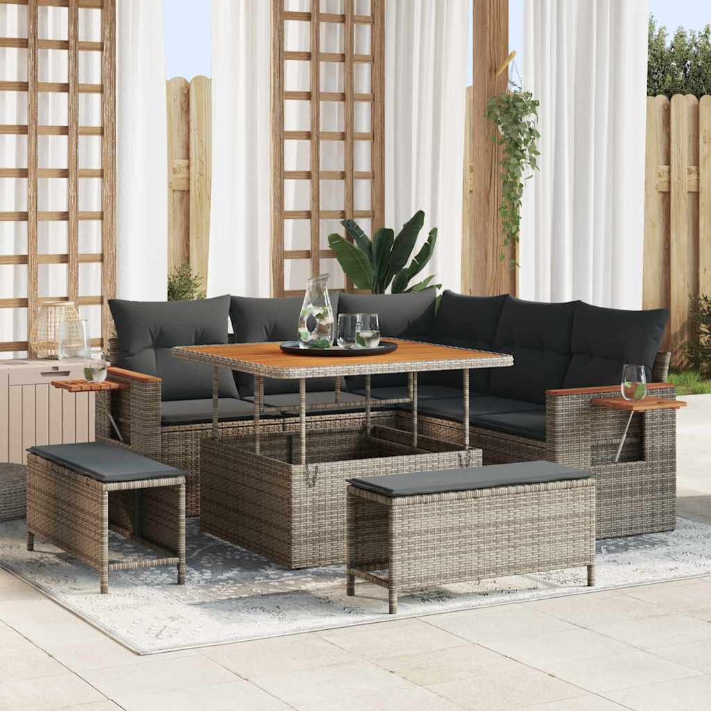 Set Divano da Giardino con cuscino 9 pcs Grigio polyrattan