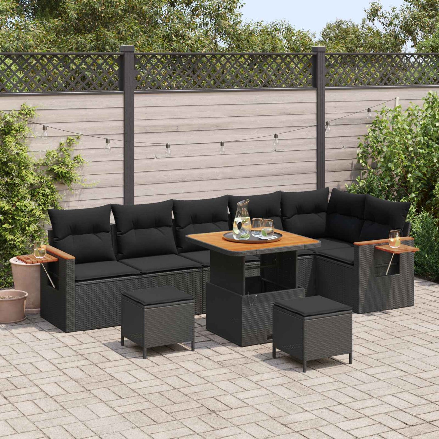 Set Divano da Giardino con cuscino 11 pcs Nero polyrattan