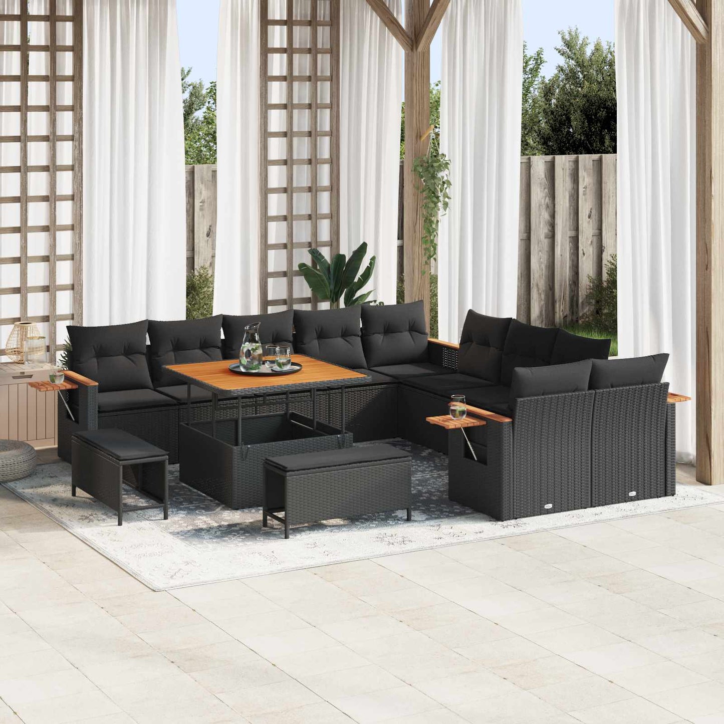 Set Divano da Giardino con cuscino 17 pcs Nero polyrattan