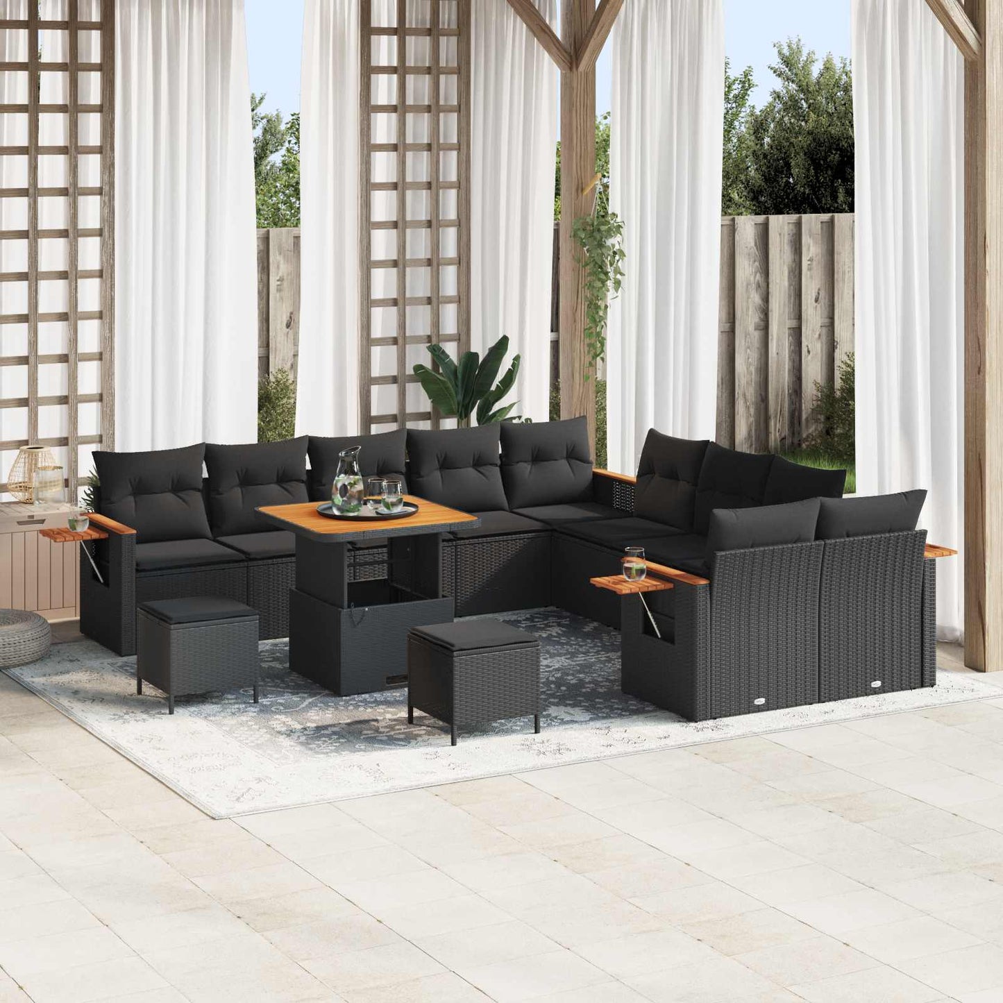 Set Divano da Giardino con cuscino 17 pcs Nero polyrattan