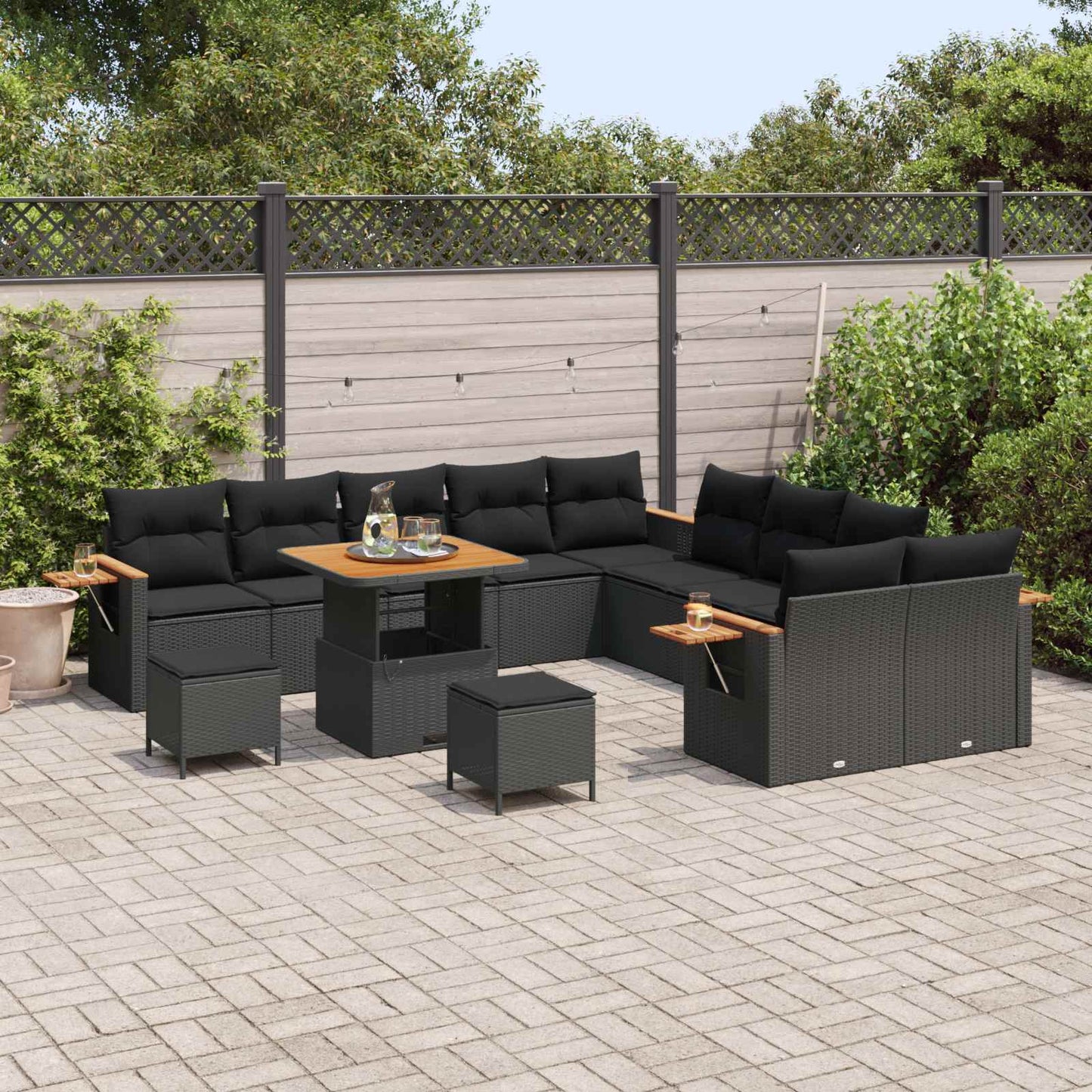 Set Divano da Giardino con cuscino 17 pcs Nero polyrattan