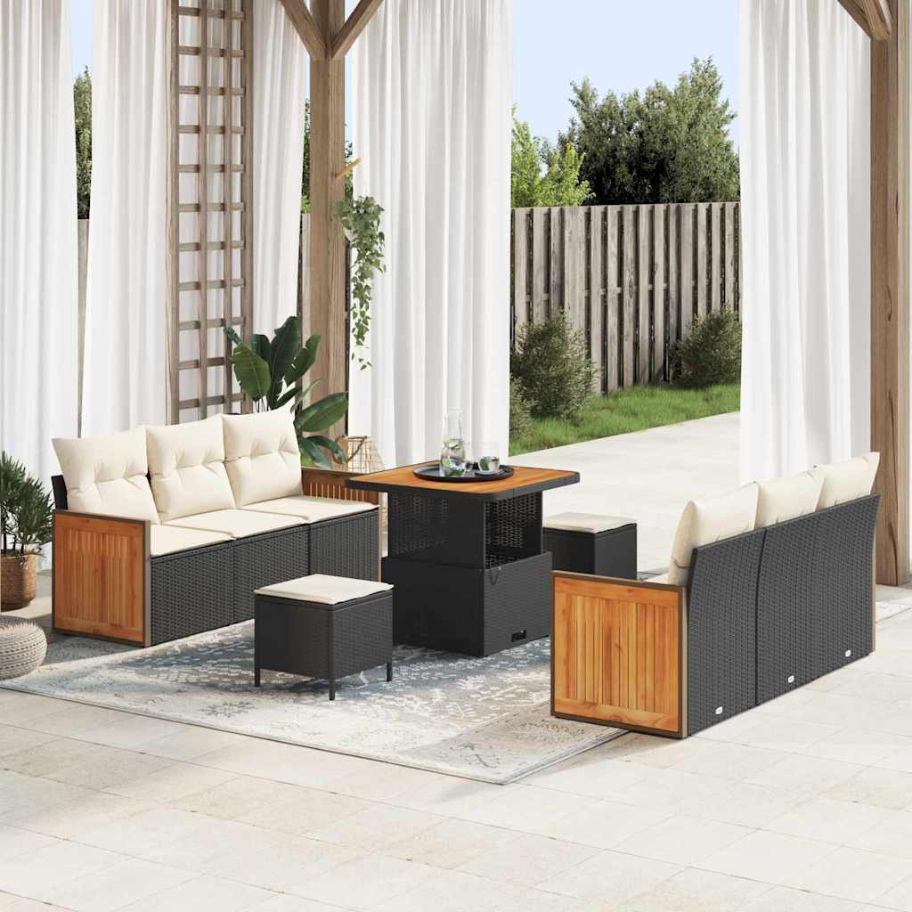 Set Divano da Giardino 11 pcs Nero e Crema polyrattan