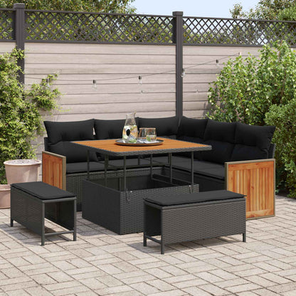Set Divano da Giardino con cuscino 9 pcs Nero polyrattan