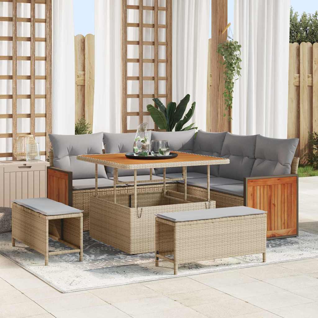 Set Divano da Giardino 9 pcs beige e grigio chiaro polyrattan