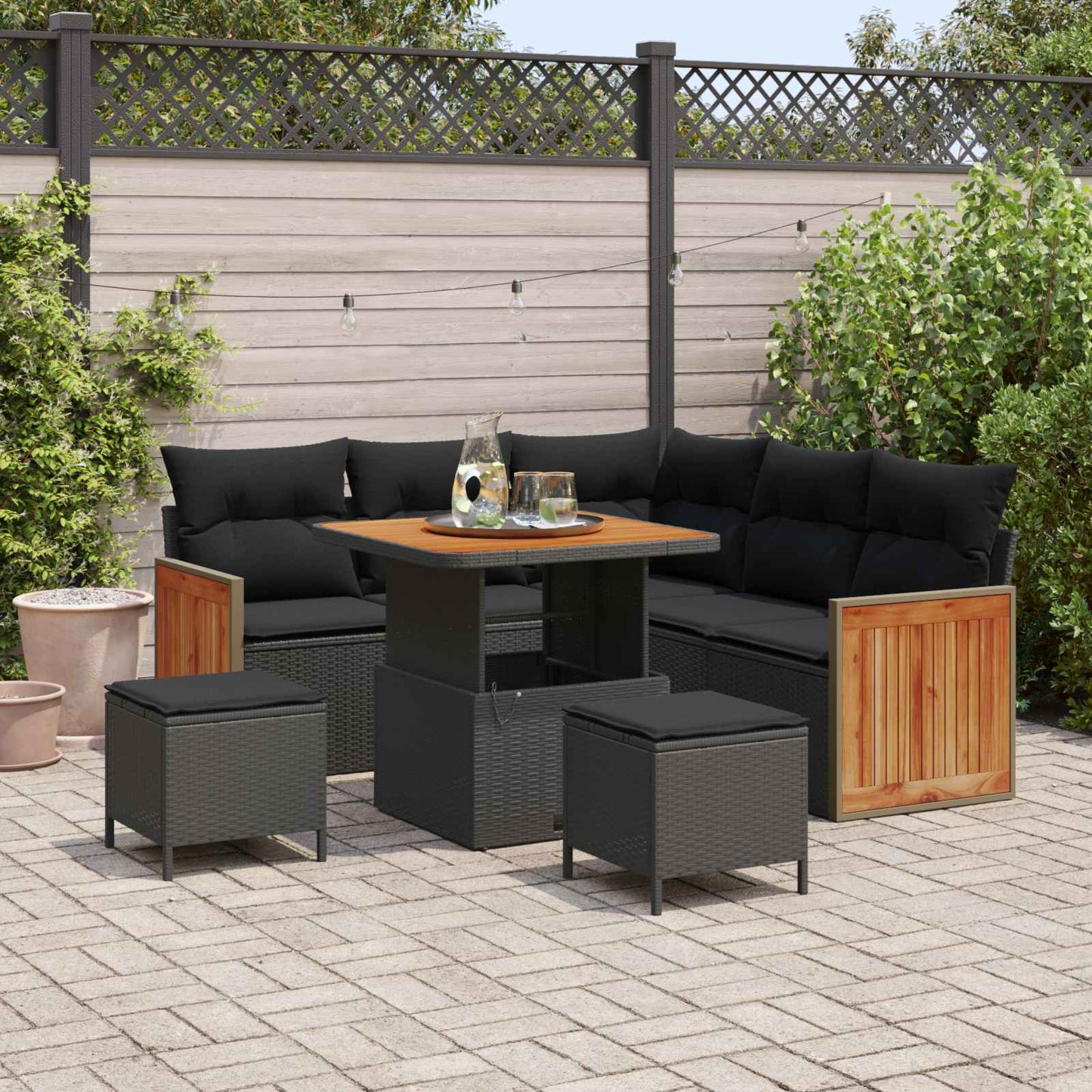 Set Divano da Giardino con cuscino 9 pcs Nero polyrattan