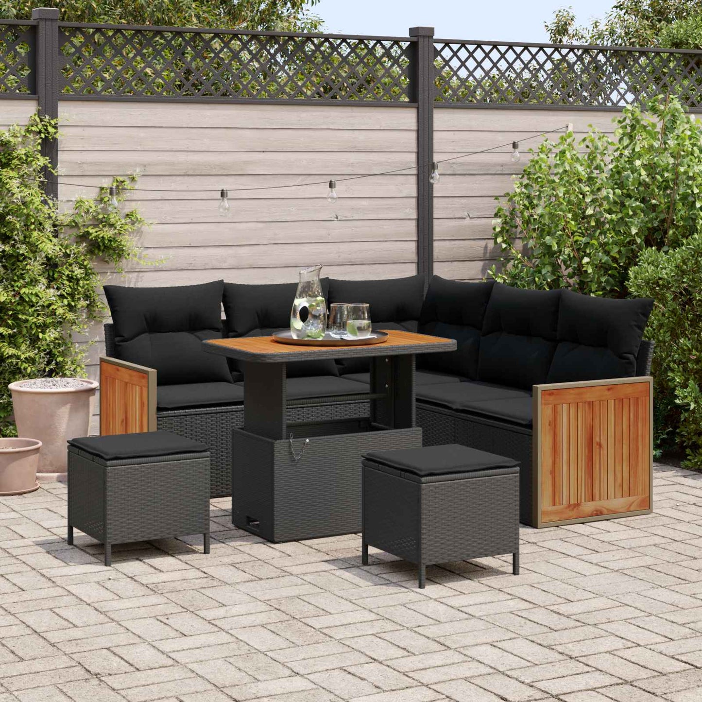 Set Divano da Giardino con cuscino 9 pcs Nero polyrattan