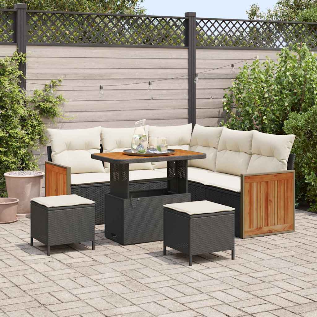 Set Divano da Giardino 9 pcs Nero e Crema polyrattan