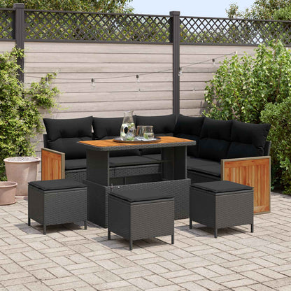 Set Divano da Giardino con cuscino 9 pcs Nero polyrattan