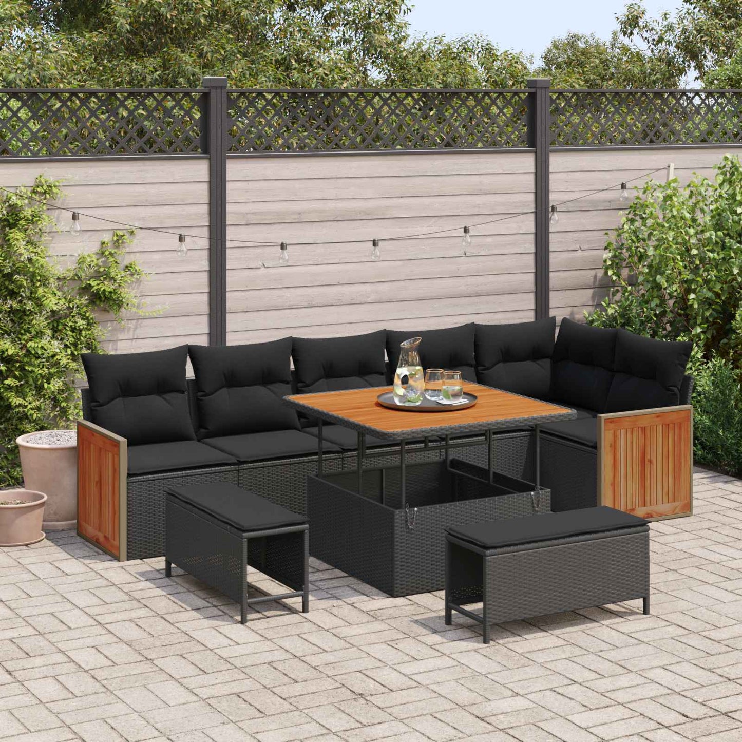 Set Divano da Giardino con cuscino 11 pcs Nero polyrattan