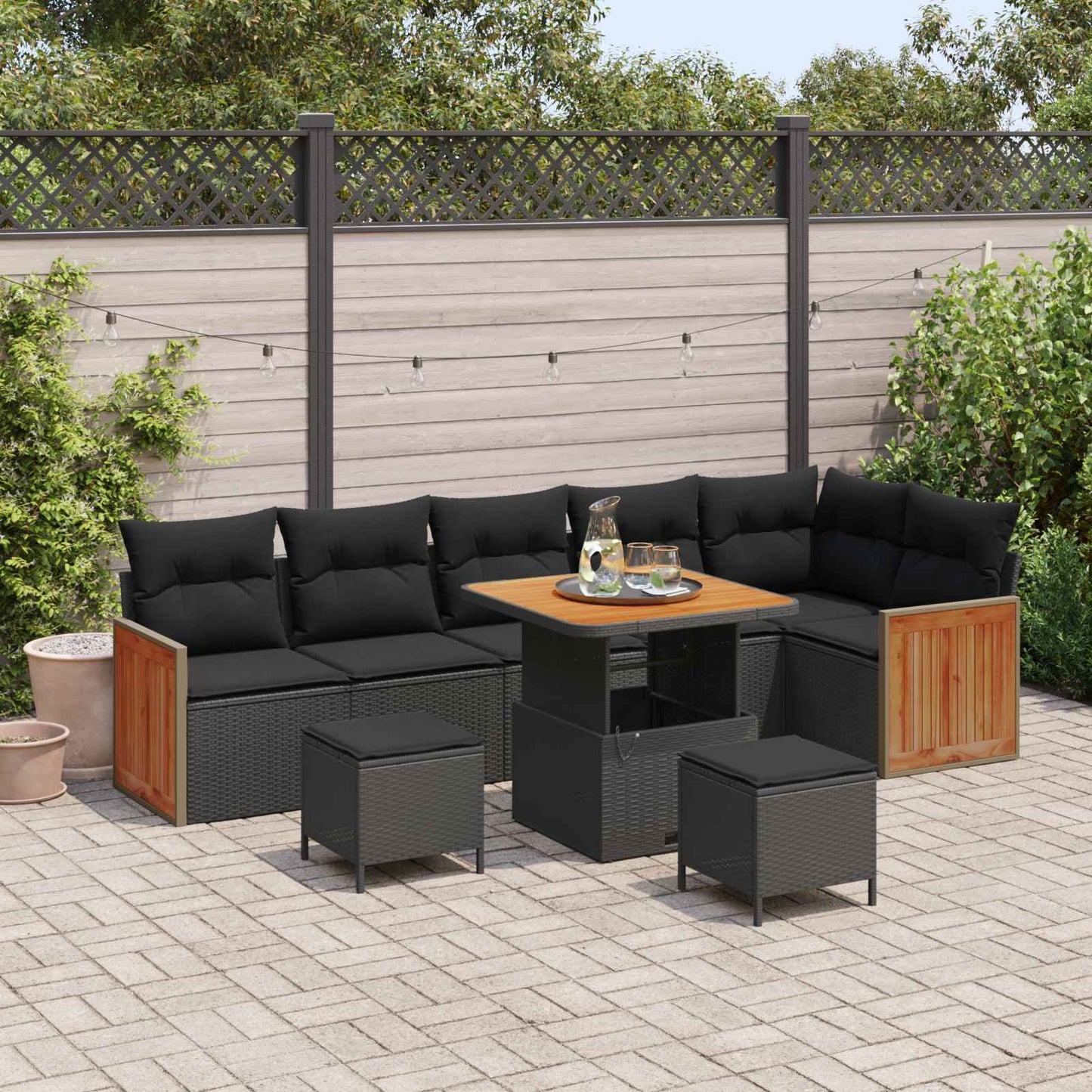 Set Divano da Giardino con cuscino 11 pcs Nero polyrattan