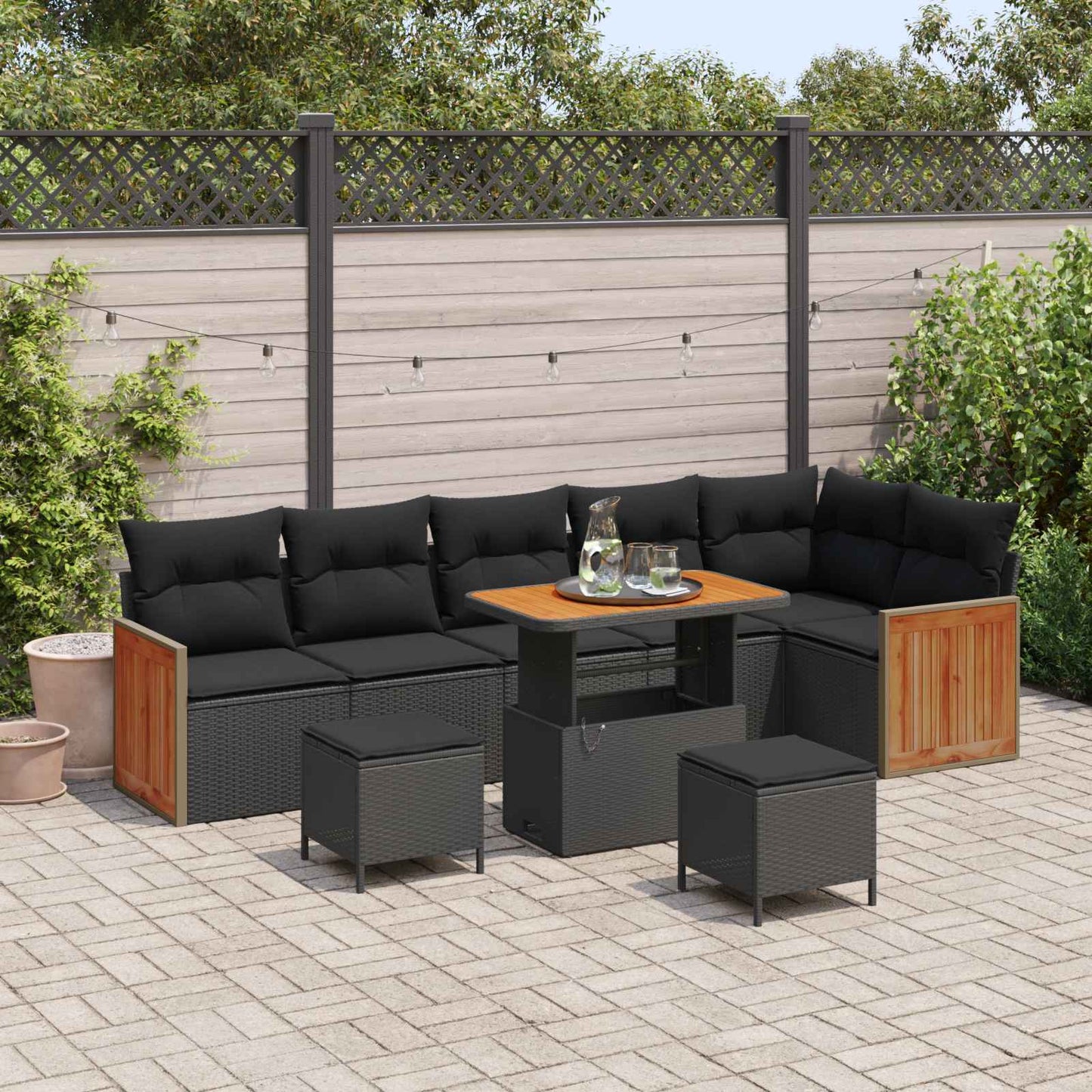 Set Divano da Giardino con cuscino 11 pcs Nero polyrattan