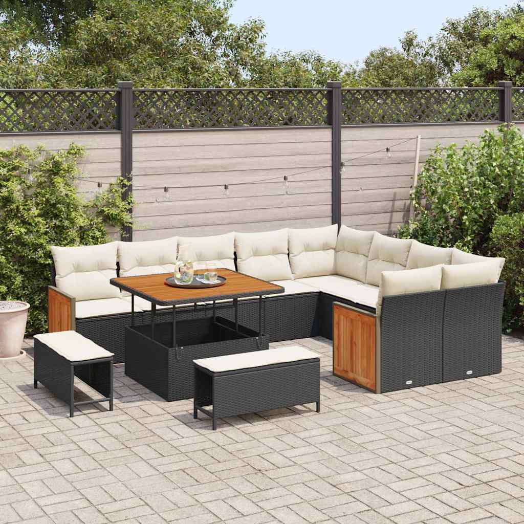 Set Divano da Giardino 13 pcs Nero e Crema polyrattan