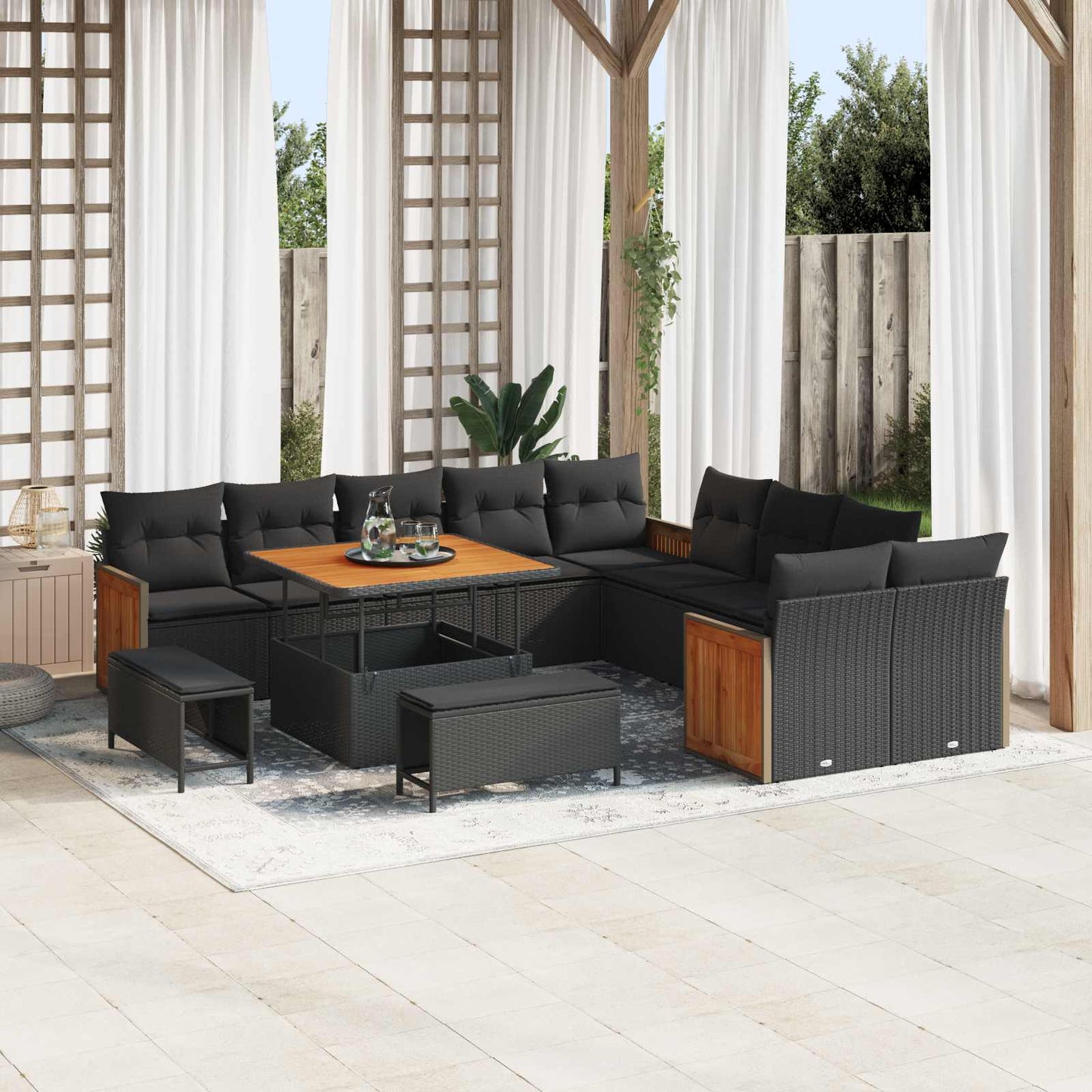 Set Divano da Giardino con cuscino 17 pcs Nero polyrattan