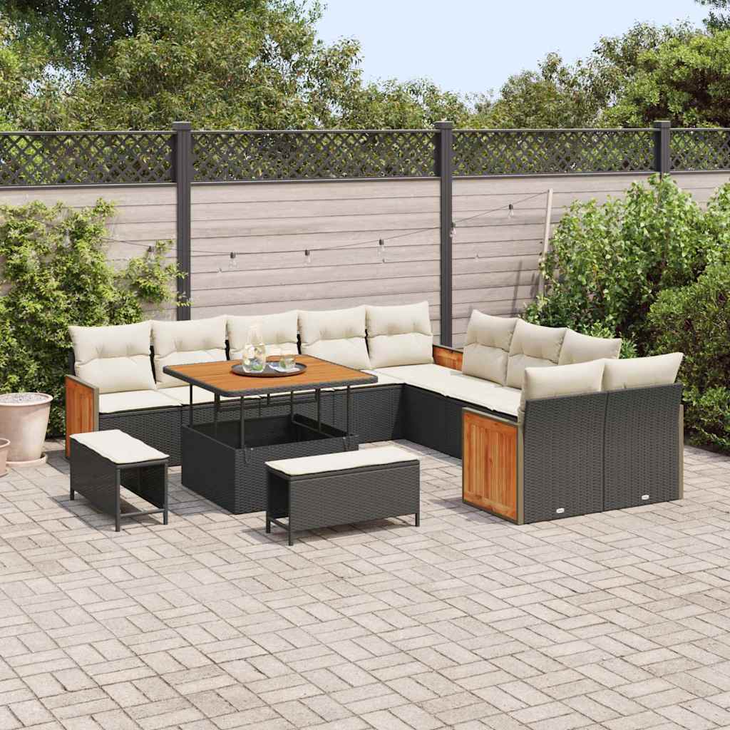 Set Divano da Giardino 17 pcs Nero e Crema polyrattan