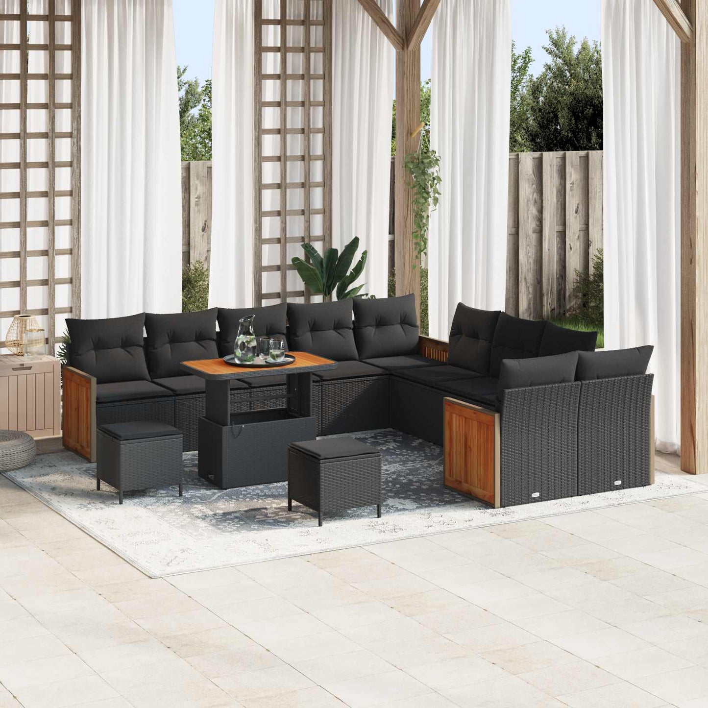 Set Divano da Giardino con cuscino 17 pcs Nero polyrattan