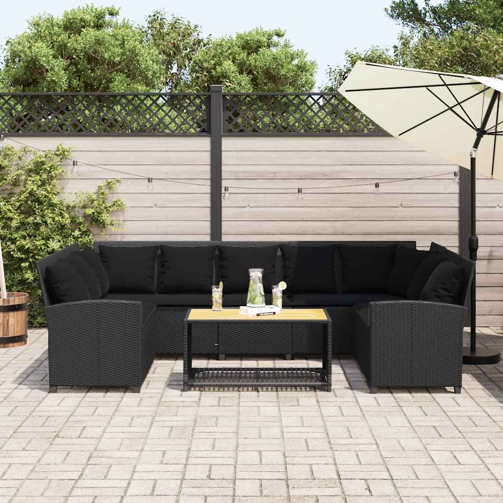 Divano da Giardino con Cuscini in Polyrattan Nero